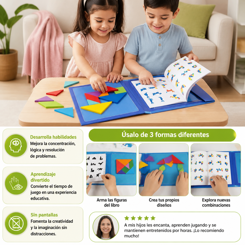Libro Portátil De Rompecabezas Tangram Magnético Montessori De Madera Para Aprender Y Jugar