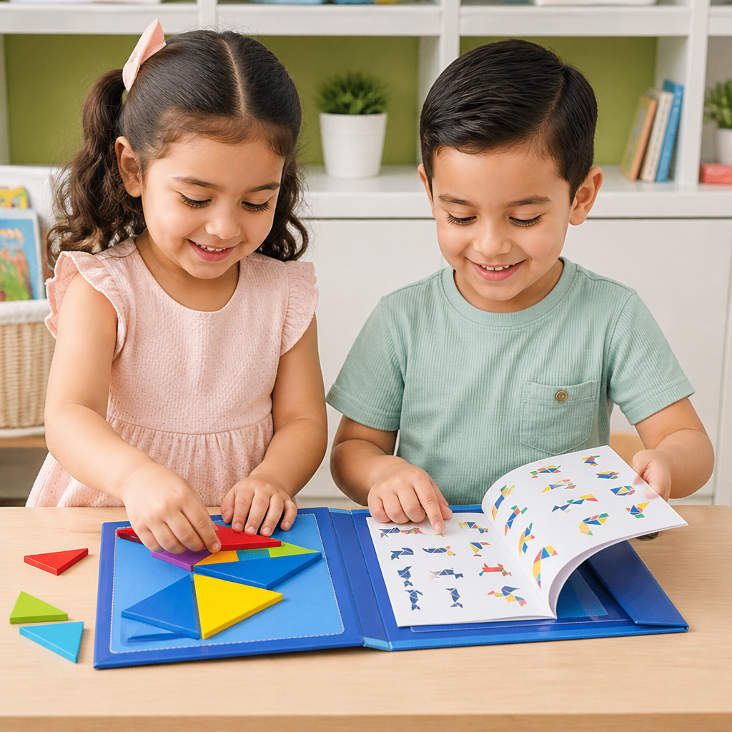 Libro Portátil De Rompecabezas Tangram Magnético Montessori De Madera Para Aprender Y Jugar