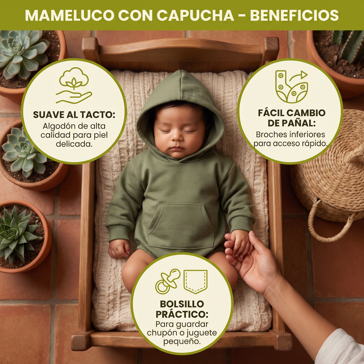 Mameluco Con Capucha Para Bebé – Enterizo Suave De Manga Larga Con Bolsillo Frontal