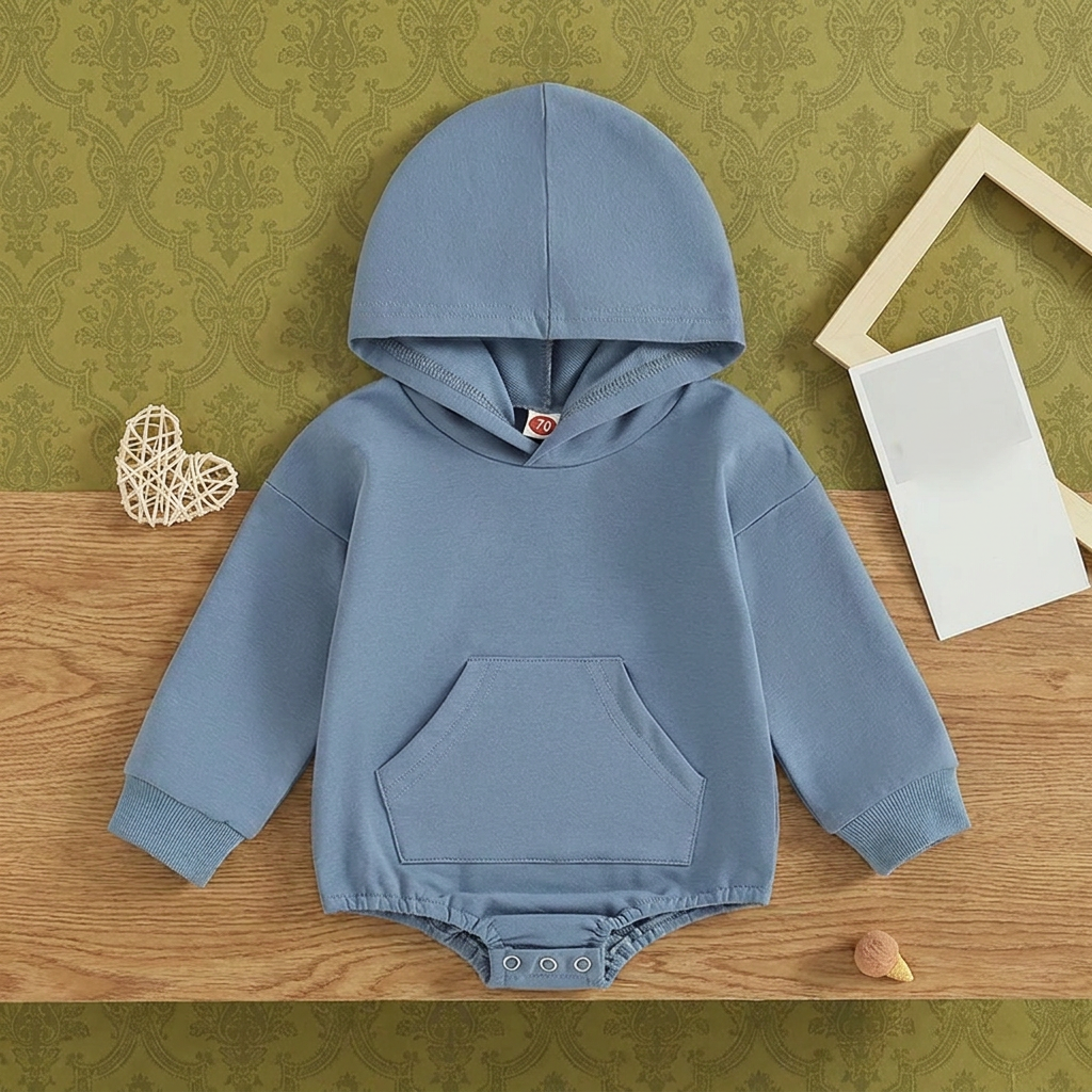 Mameluco Con Capucha Para Bebé – Enterizo Suave De Manga Larga Con Bolsillo Frontal
