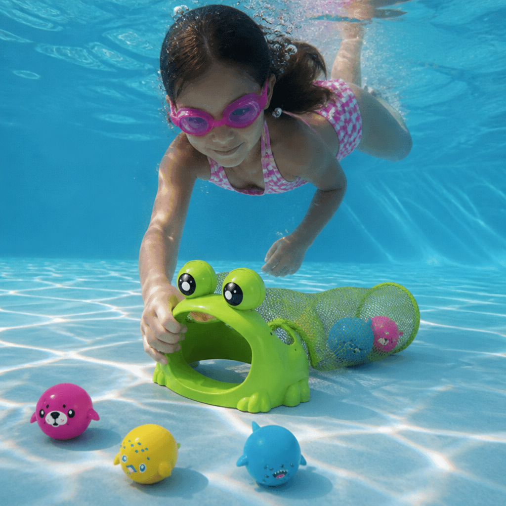 Juguete De Buceo Para Piscina Con Forma De Rana, Red De Captura Y Bolas Marinas