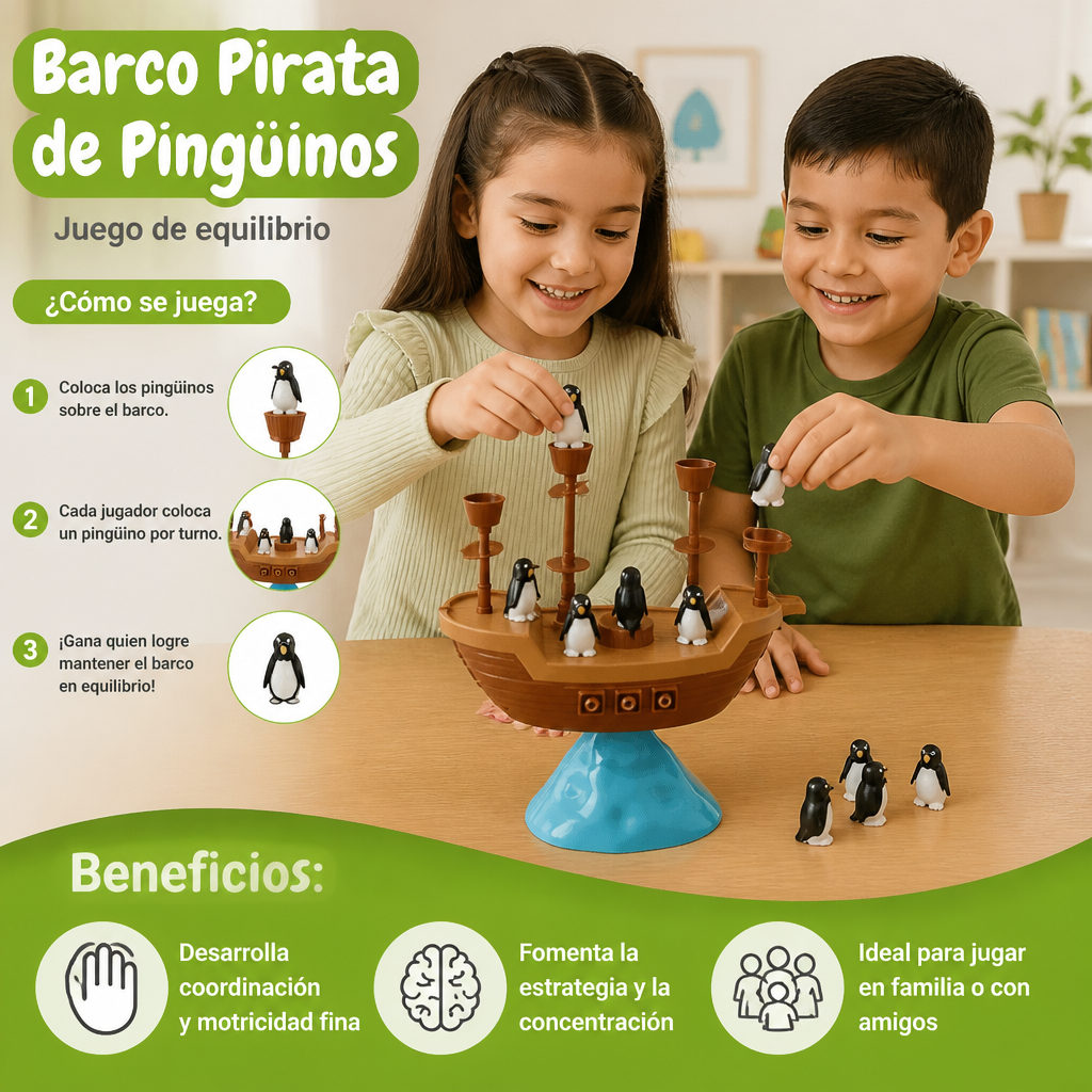 Juego de Equilibrio del Barco Pirata de Pingüinos