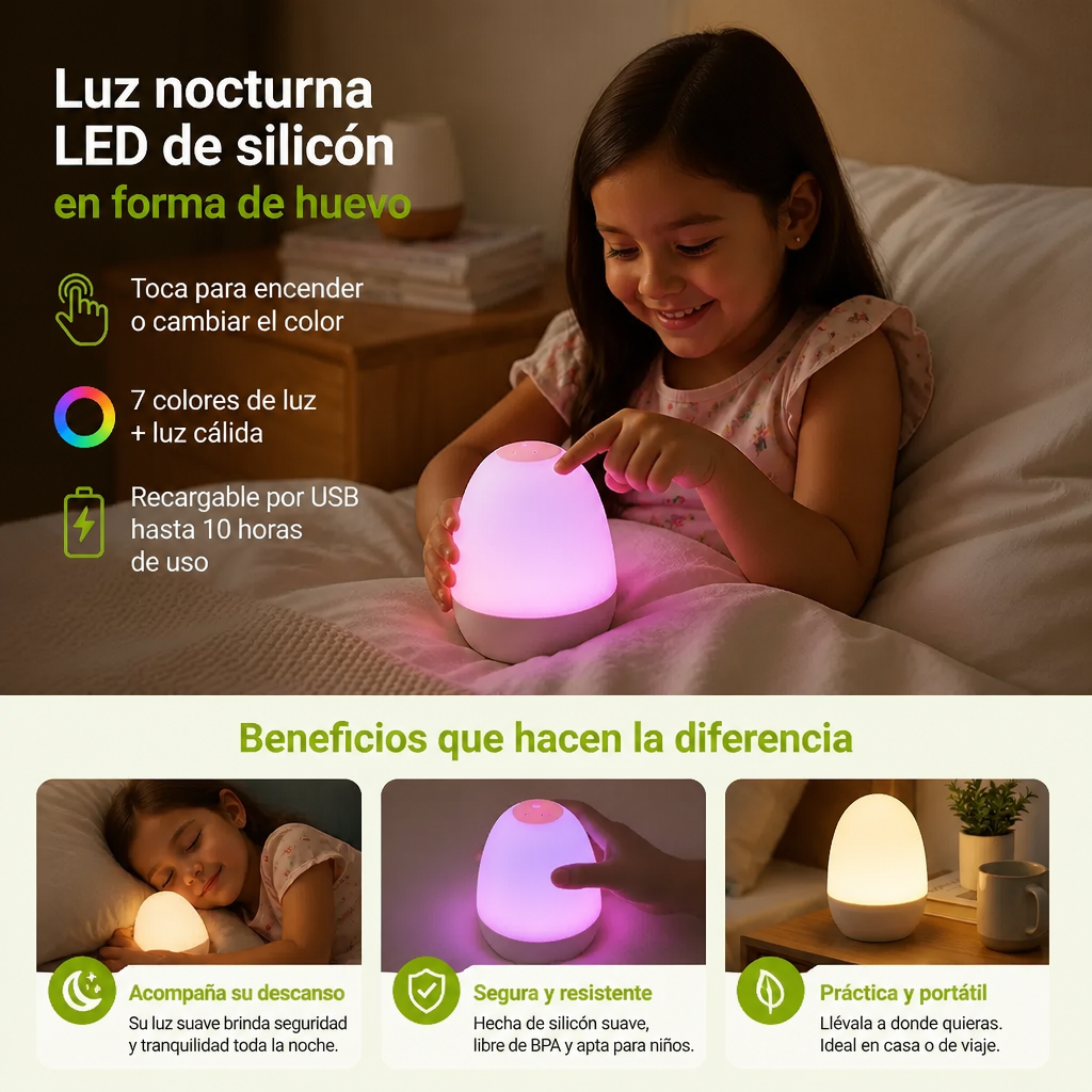 Luz Nocturna LED de Silicón en Forma de Huevo