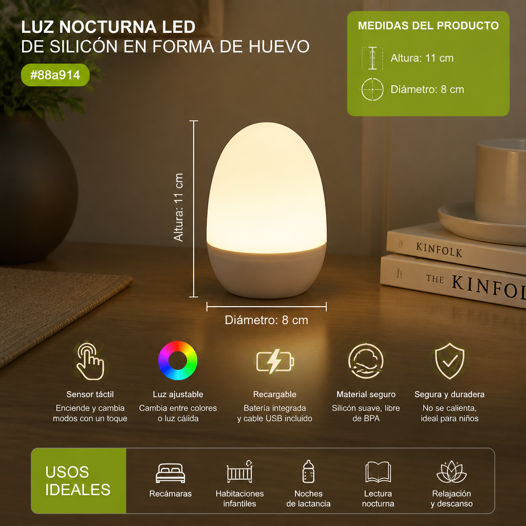 Luz Nocturna LED de Silicón en Forma de Huevo