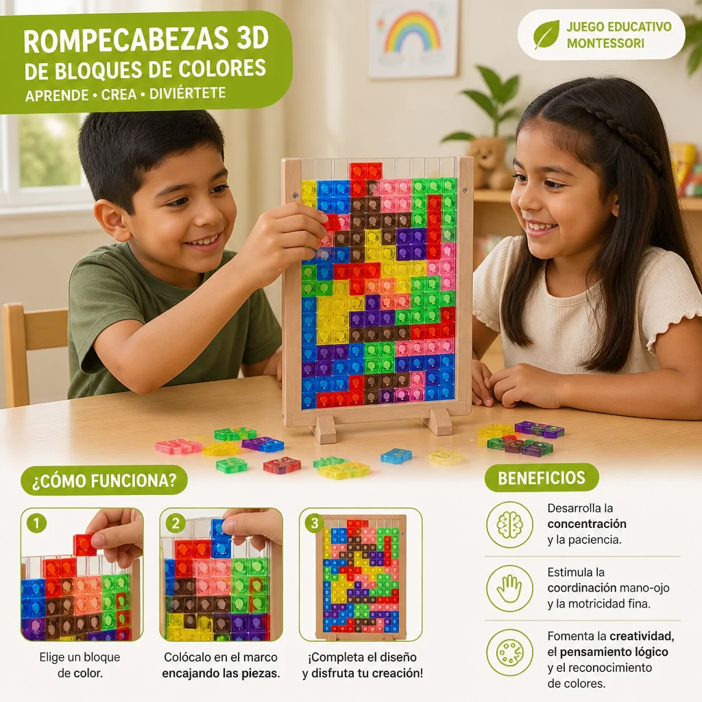 Rompecabezas 3D De Bloques De Colores Con Marco De Madera – Juego Educativo Montessori