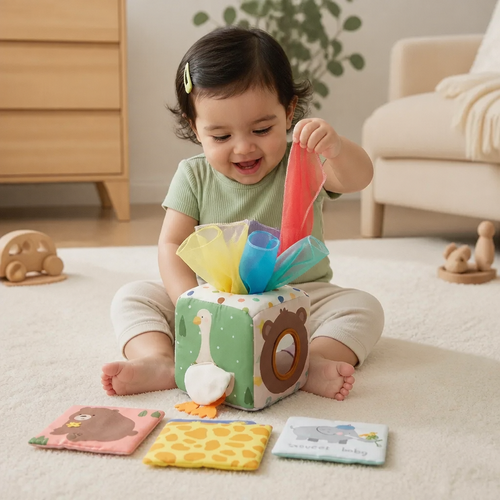 Caja Montessori de Pañuelos Sensoriales para Bebés – Juego Suave para Tocar y Descubrir Sonidos Crujientes