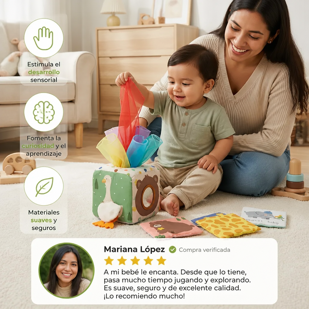 Caja Montessori de Pañuelos Sensoriales para Bebés – Juego Suave para Tocar y Descubrir Sonidos Crujientes