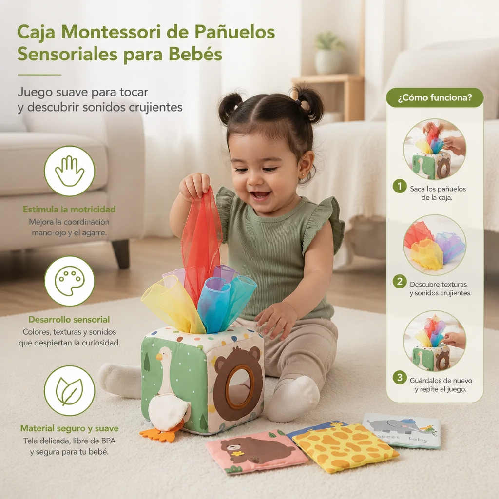 Caja Montessori de Pañuelos Sensoriales para Bebés – Juego Suave para Tocar y Descubrir Sonidos Crujientes