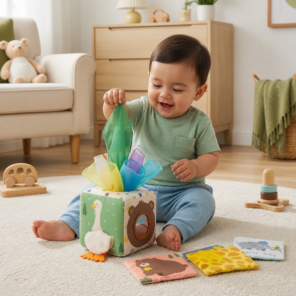 Caja Montessori de Pañuelos Sensoriales para Bebés – Juego Suave para Tocar y Descubrir Sonidos Crujientes