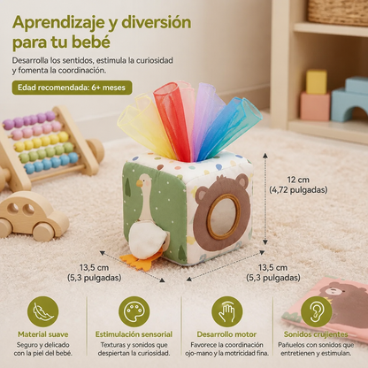 Caja Montessori de Pañuelos Sensoriales para Bebés – Juego Suave para Tocar y Descubrir Sonidos Crujientes