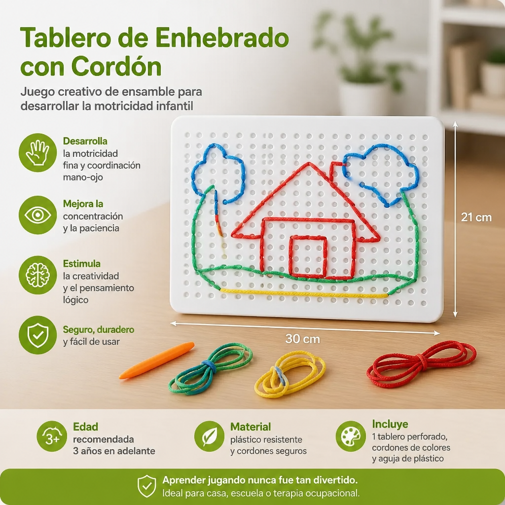 Tablero de Enhebrado con Cordón – Juego Creativo de Ensamble para Desarrollar la Motricidad Infantil
