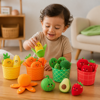 Juego Educativo Suave de Frutas y Verduras para Bebés – Set de 4 Piezas para Clasificar Colores con Sonajero y Efecto Crujiente