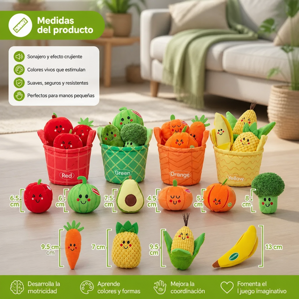Juego Educativo Suave de Frutas y Verduras para Bebés – Set de 4 Piezas para Clasificar Colores con Sonajero y Efecto Crujiente