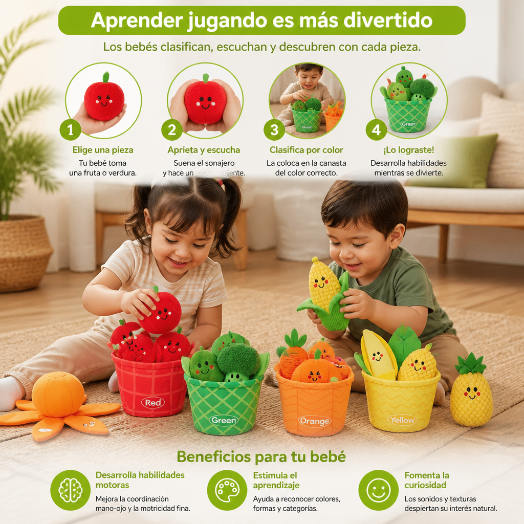 Juego Educativo Suave de Frutas y Verduras para Bebés – Set de 4 Piezas para Clasificar Colores con Sonajero y Efecto Crujiente