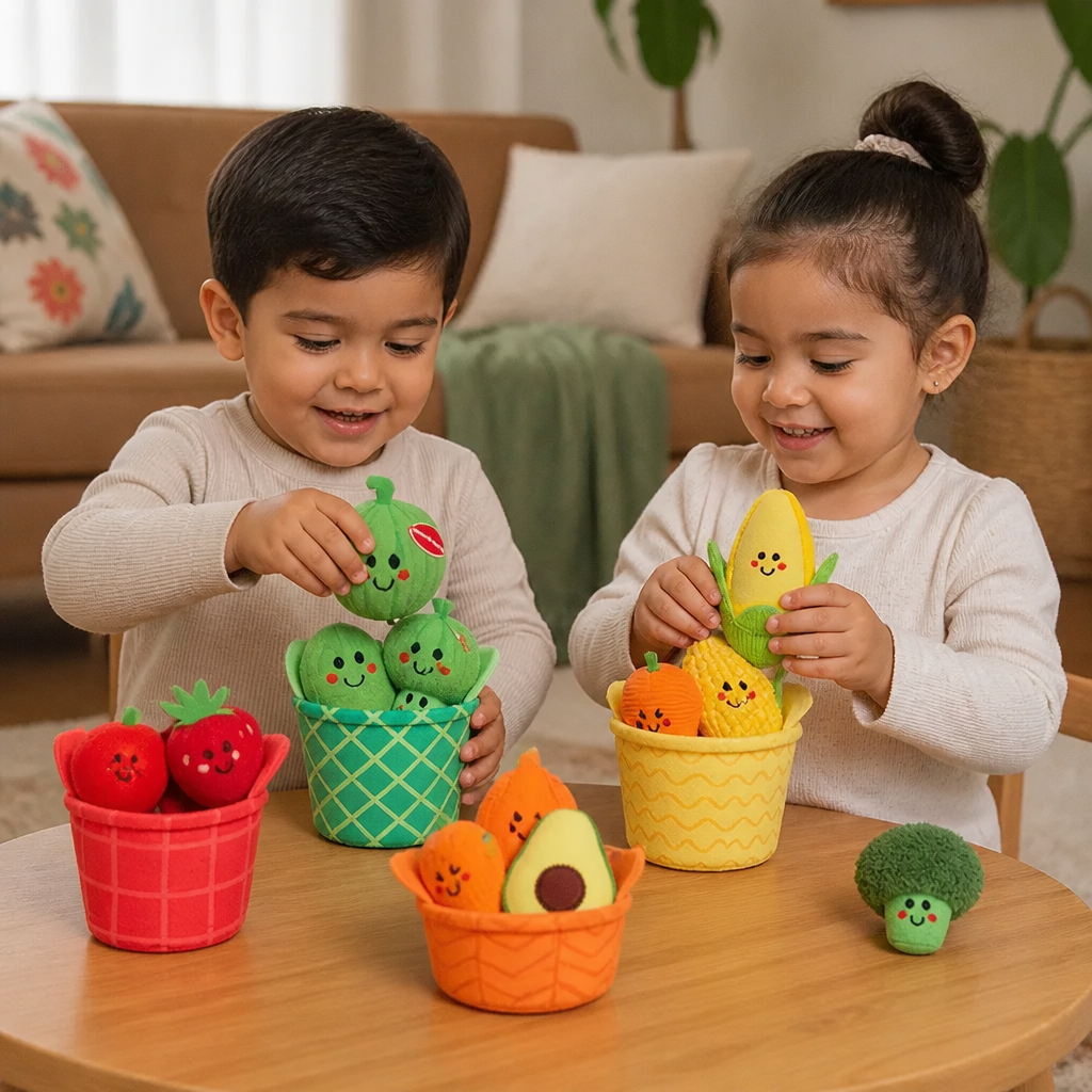 Juego Educativo Suave de Frutas y Verduras para Bebés – Set de 4 Piezas para Clasificar Colores con Sonajero y Efecto Crujiente