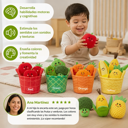 Juego Educativo Suave de Frutas y Verduras para Bebés – Set de 4 Piezas para Clasificar Colores con Sonajero y Efecto Crujiente