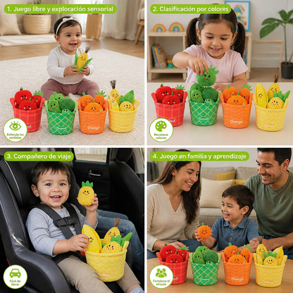 Juego Educativo Suave de Frutas y Verduras para Bebés – Set de 4 Piezas para Clasificar Colores con Sonajero y Efecto Crujiente