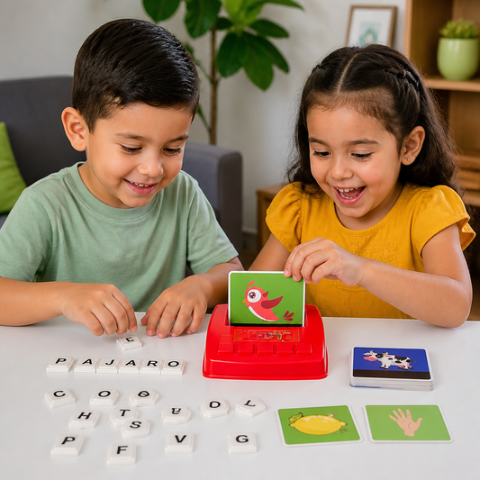 Juego interactivo de ortografía y asociación de palabras – Juguete educativo para fomentar la lectura y escritura en niños en edad preescolar con tarjetas ilustradas y fichas de letras