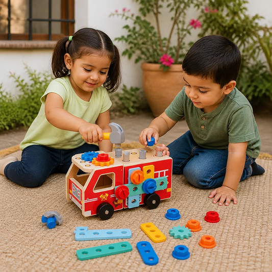 Caja de Herramientas Montessori de Madera con Diseño de Camión de Bomberos y Set de Construcción