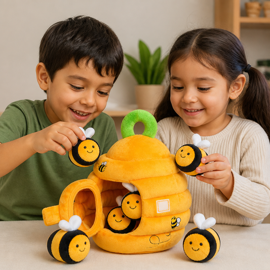 Juguete sensorial de panal para bebés con abejas, sonajero, chirriador y espejo