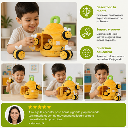 Juguete sensorial de panal para bebés con abejas, sonajero, chirriador y espejo