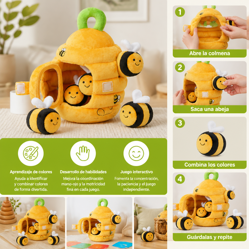 Juguete sensorial de panal para bebés con abejas, sonajero, chirriador y espejo