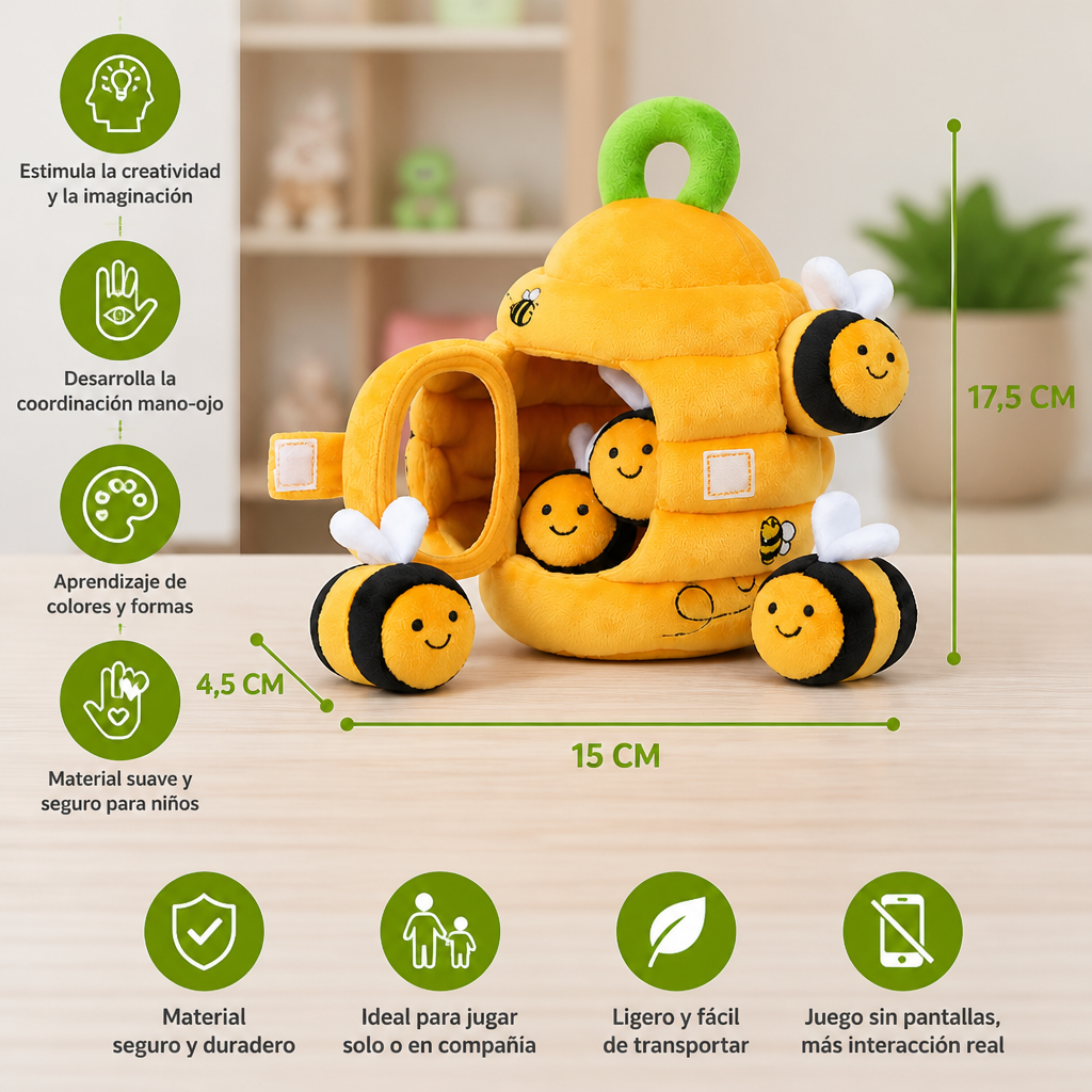 Juguete sensorial de panal para bebés con abejas, sonajero, chirriador y espejo