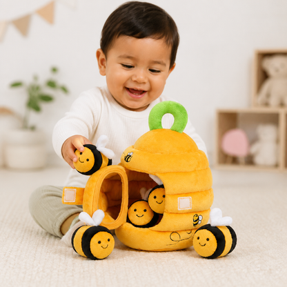 Juguete sensorial de panal para bebés con abejas, sonajero, chirriador y espejo