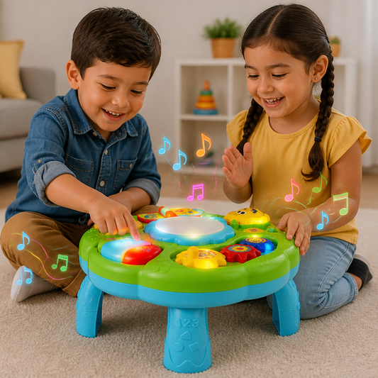 Mesa de actividades musical para bebé con tambor, engranajes y sonidos de animales