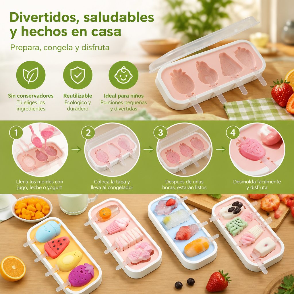 Molde de silicón para helados con formas de frutas para hacer en casa con niños
