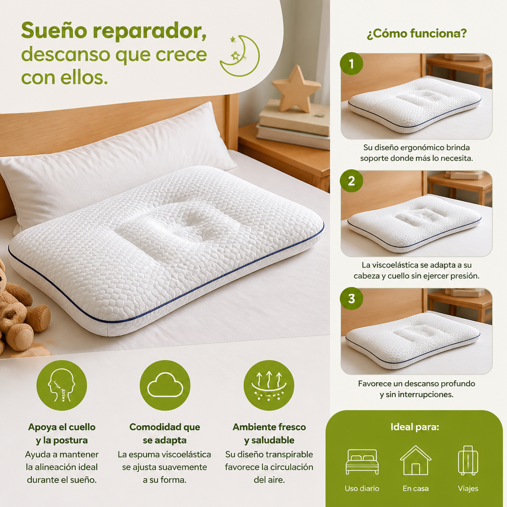 Almohada Ergonómica Infantil De Espuma Viscoelástica Con Soporte Para El Cuello