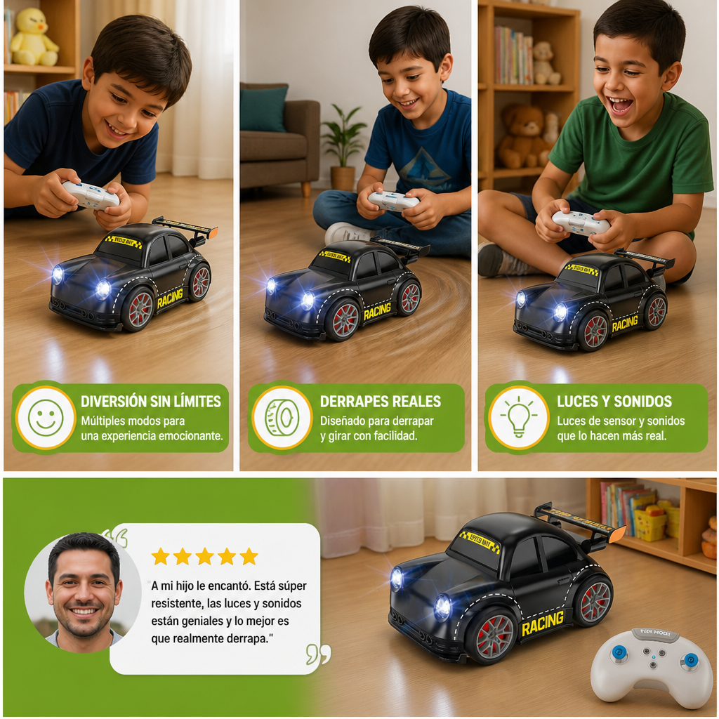 Auto De Carreras RC Con Función De Derrape Para Niños – Control Remoto Con Luces De Sensor Y Sonido