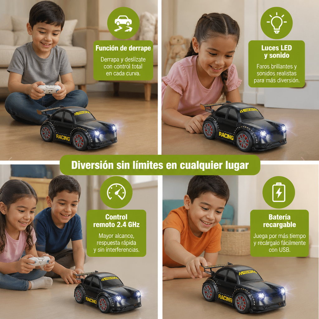 Auto De Carreras RC Con Función De Derrape Para Niños – Control Remoto Con Luces De Sensor Y Sonido