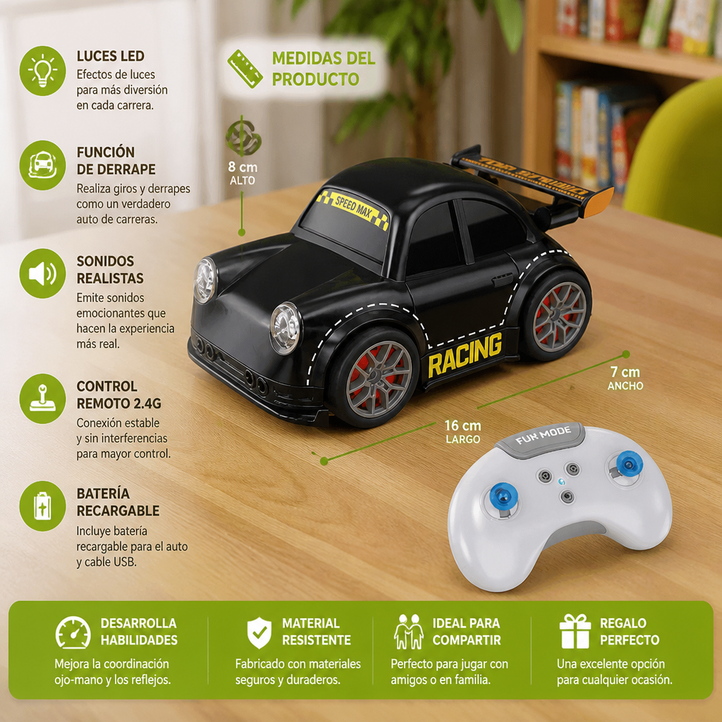 Auto De Carreras RC Con Función De Derrape Para Niños – Control Remoto Con Luces De Sensor Y Sonido