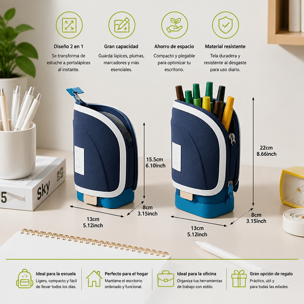 Estuche para Lápices 2 en 1 con Portalápices – Organizador de Escritorio que Ahorra Espacio