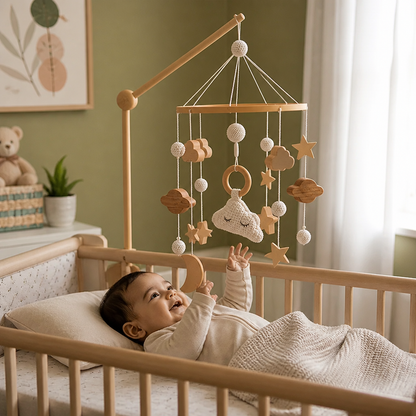 Móvil de Cuna de Madera Hecho a Mano con Colgantes de Crochet – Juguete Relajante para Recién Nacidos