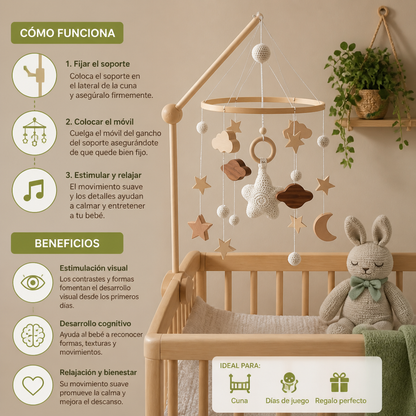 Móvil de Cuna de Madera Hecho a Mano con Colgantes de Crochet – Juguete Relajante para Recién Nacidos