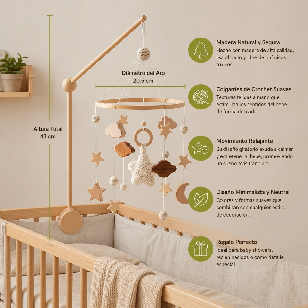 Móvil de Cuna de Madera Hecho a Mano con Colgantes de Crochet – Juguete Relajante para Recién Nacidos