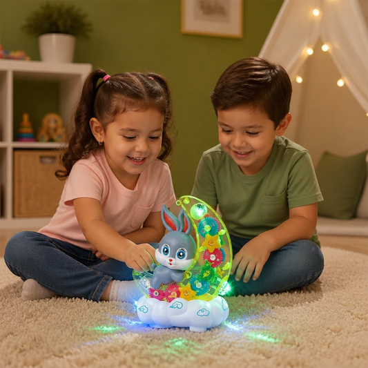 Conejito Lunar Luminoso de Juguete – Transparente con Engranajes, Música y Luz LED