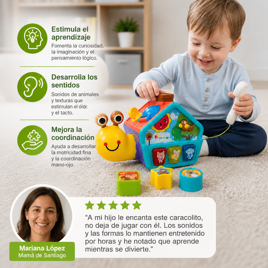 Juguete Educativo de Caracol para Bebés con Teléfono, Clasificador de Formas y Sonidos de Animales