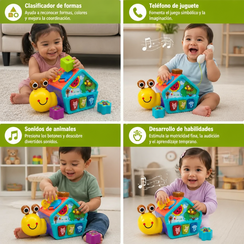 Juguete Educativo de Caracol para Bebés con Teléfono, Clasificador de Formas y Sonidos de Animales