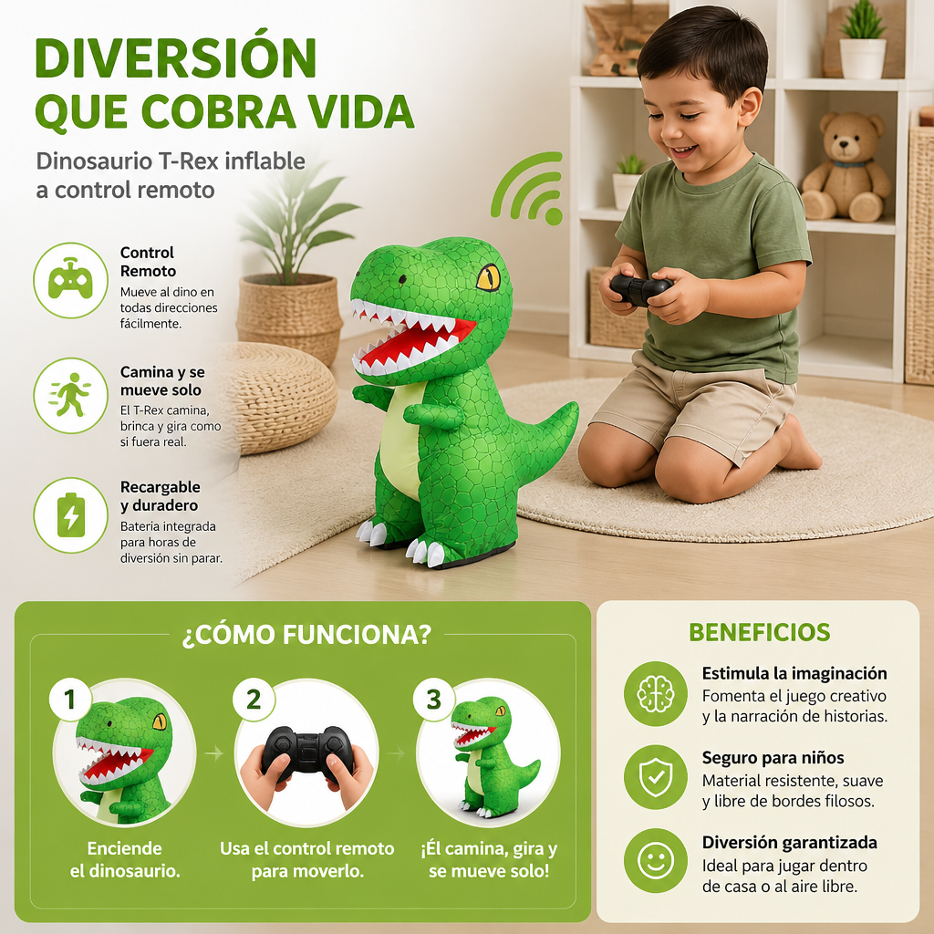 Juguete Inflable de Dinosaurio T-Rex a Control Remoto