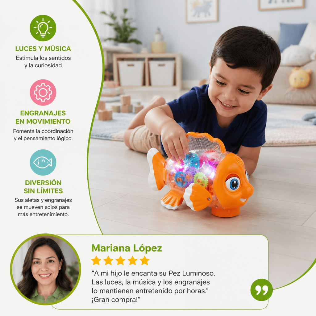 Pez Luminoso con Engranajes para Niños – Juguete Transparente con Música y Movimiento