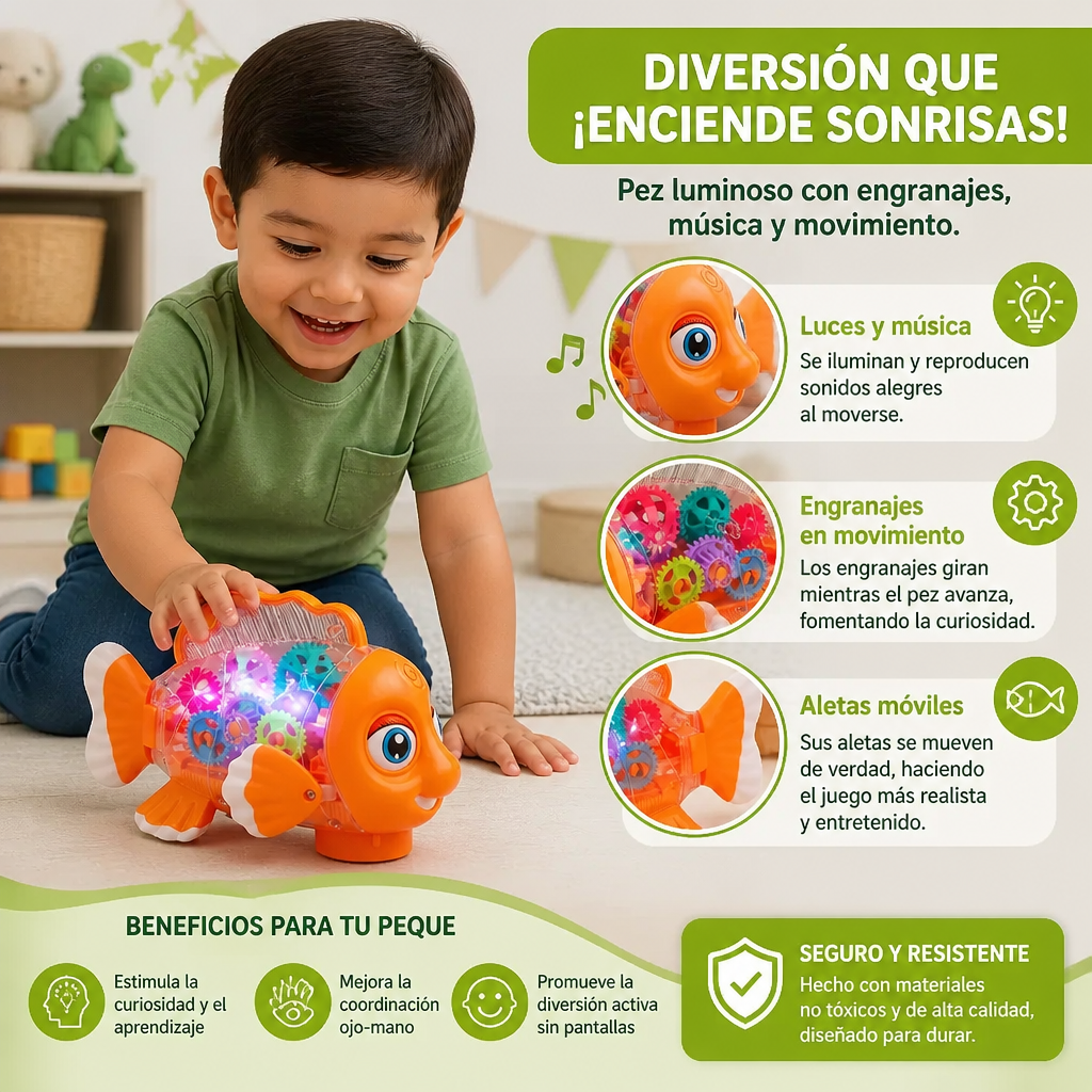 Pez Luminoso con Engranajes para Niños – Juguete Transparente con Música y Movimiento