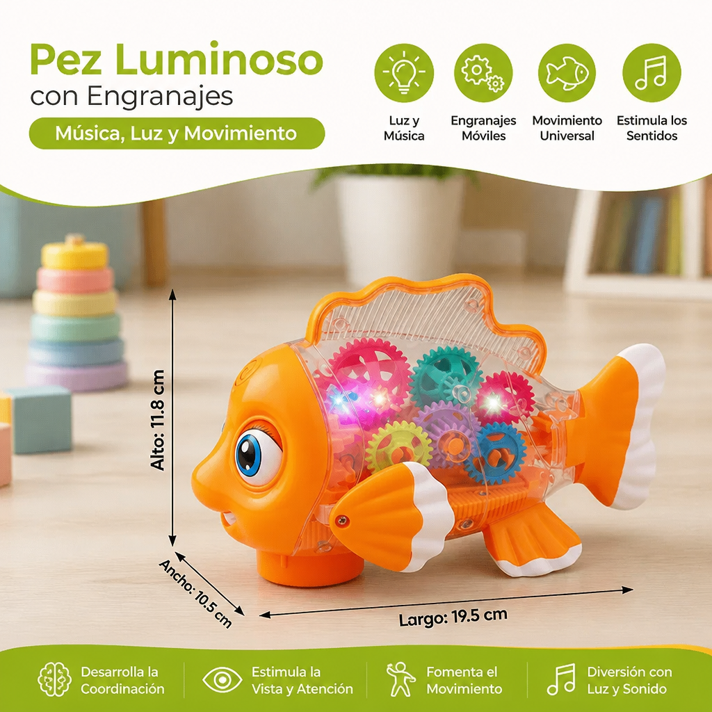 Pez Luminoso con Engranajes para Niños – Juguete Transparente con Música y Movimiento