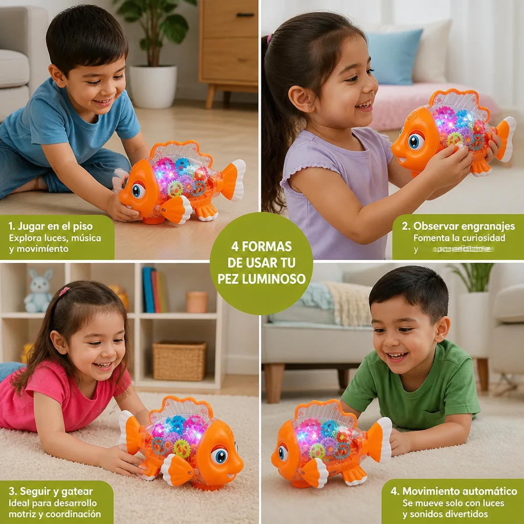 Pez Luminoso con Engranajes para Niños – Juguete Transparente con Música y Movimiento