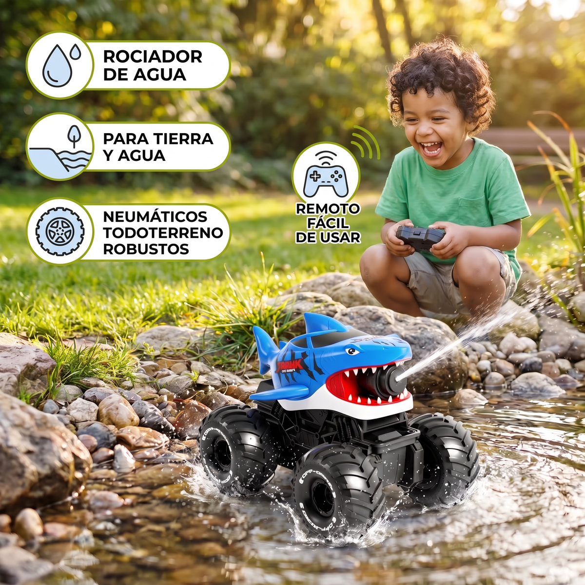 Vehículo anfibio de tiburón a control remoto para tierra y agua con rociador de agua
