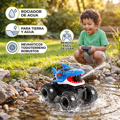 Vehículo anfibio de tiburón a control remoto para tierra y agua con rociador de agua