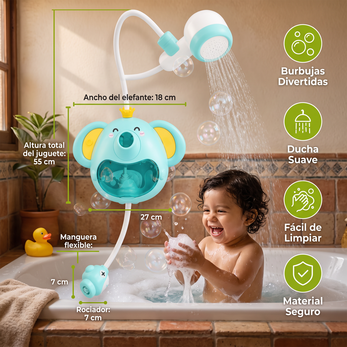 Juguete musical de baño con forma de elefante y ducha integrada