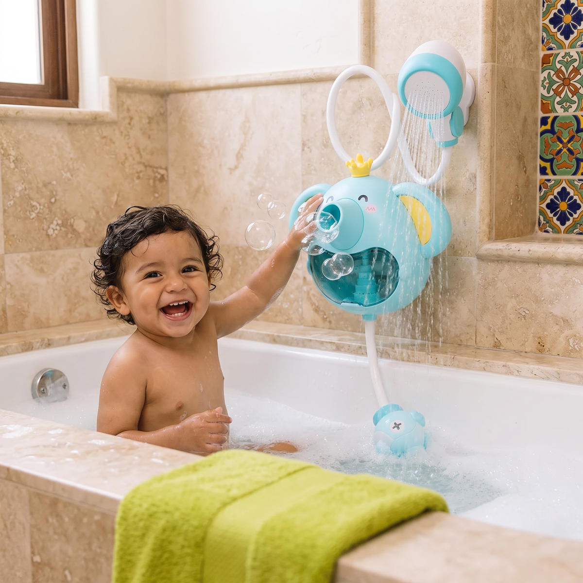 Juguete musical de baño con forma de elefante y ducha integrada